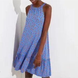 LOFT Small Blue Berry Floral Print Ruffle Hem Halter Sundress